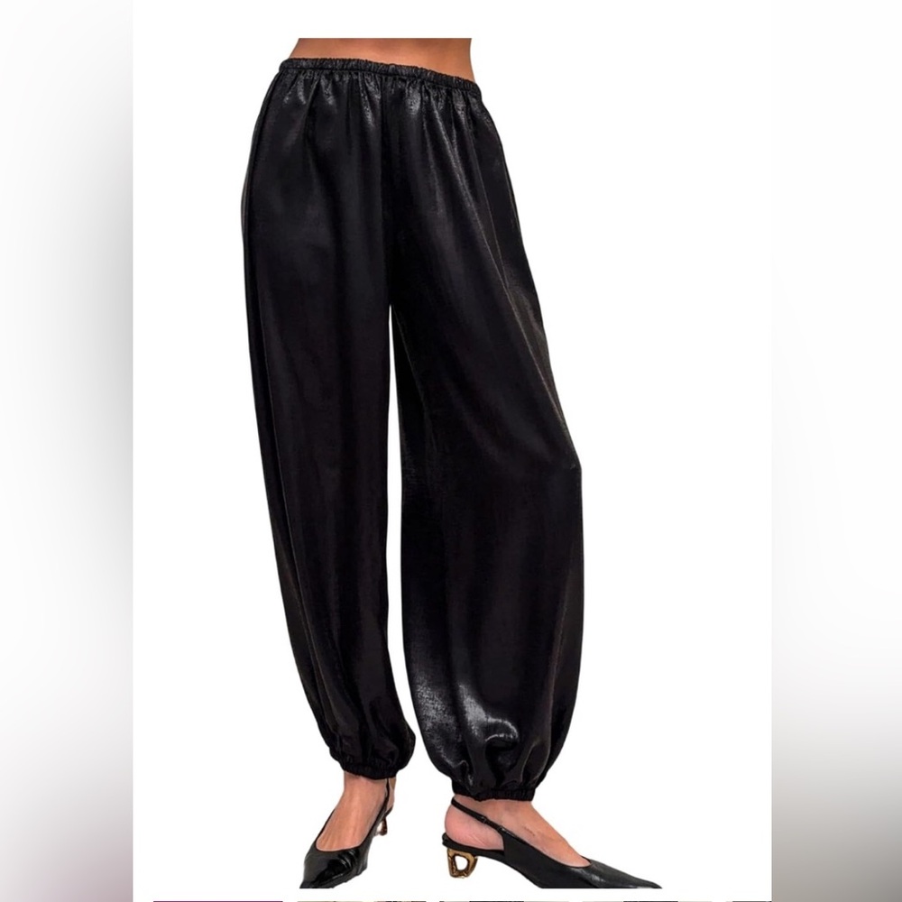 Satin Harem Pants Elastic Waist Wide Leg Silk Trousers Flowy Baggy Casual